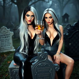 A very beautiful, attractive, curvy shapely young woman with striking white and black hair, dressed in a very tight low-cut black latex catsuit, complemented by frosted blue eye shadow, thick black eyeliner, long black eyelashes, and bright pink lipstick, wearing a serious expression