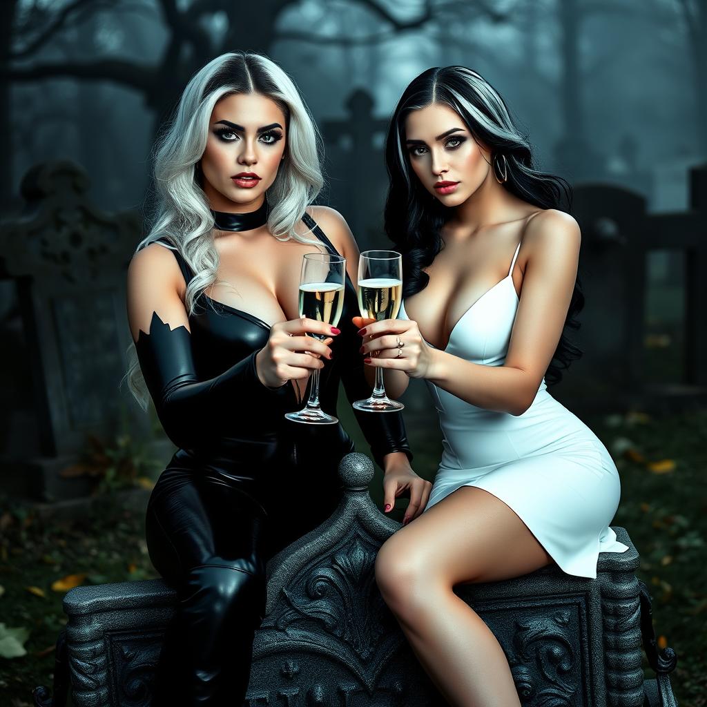 A very beautiful, attractive, curvy shapely young woman with striking white and black hair, dressed in a very tight low-cut black latex catsuit, complemented by frosted blue eye shadow, thick black eyeliner, long black eyelashes, and bright pink lipstick, wearing a serious expression