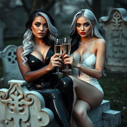 A very beautiful, attractive, curvy shapely young woman with striking white and black hair, wearing a tight low-cut black latex catsuit, showcasing frosted blue eye shadow, thick black eyeliner, long black eyelashes, and bright pink lipstick, her expression serious