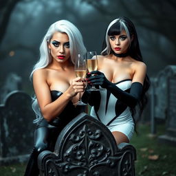 A very beautiful, attractive, curvy shapely young woman with striking white and black hair, adorned in a very tight low-cut black latex catsuit, enhanced by frosted blue eye shadow, thick black eyeliner, long black eyelashes, and bright pink lipstick, wearing a serious expression