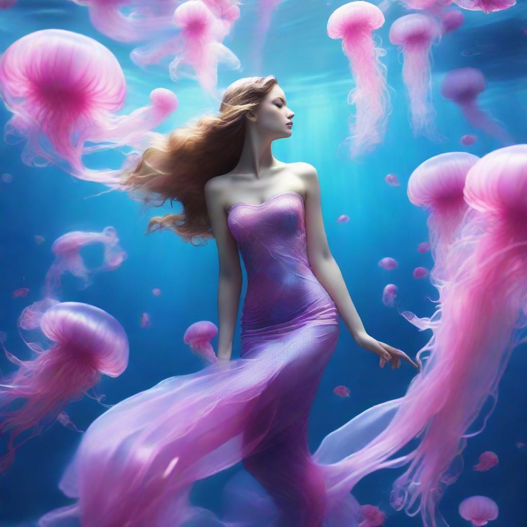 A stunning underwater scene featuring a graceful mermaid swimming amongst a host of electric pink jellyfish elegantly drifting in the ethereal blue depths.