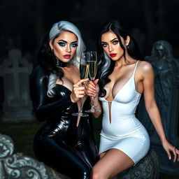 A very beautiful, attractive, curvy shapely young woman with striking white and black hair, adorned in a very tight low-cut black latex catsuit, enhanced by frosted blue eye shadow, thick black eyeliner, long black eyelashes, and bright pink lipstick, wearing a serious expression