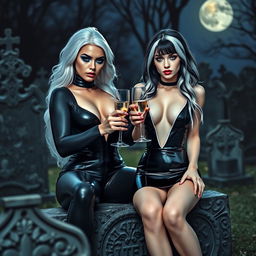 A very beautiful, attractive, curvy shapely young woman with striking white and black hair, dressed in a very tight low-cut black latex catsuit