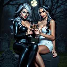 A very beautiful, attractive, curvy shapely young woman with striking white and black hair, dressed in a very tight low-cut black latex catsuit