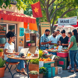 A vibrant scene depicting entrepreneurship in action by an individual and a community