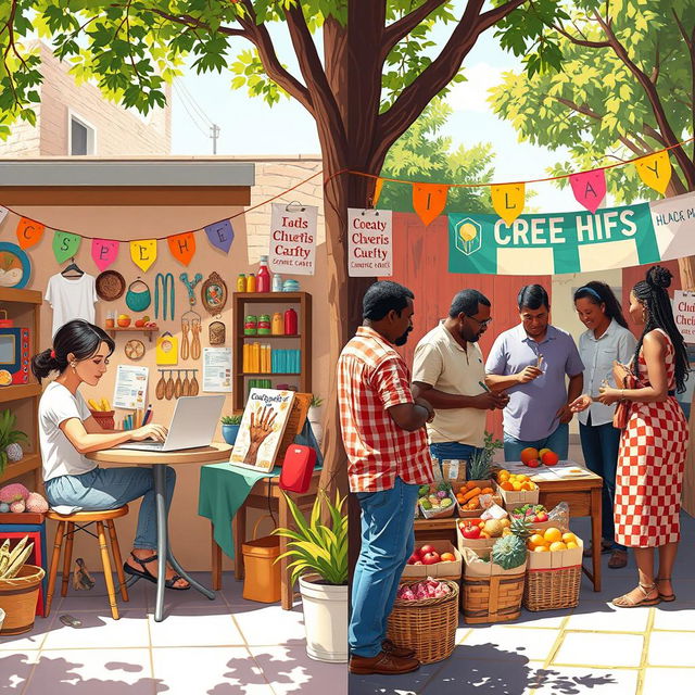 A vibrant scene depicting entrepreneurship in action by an individual and a community