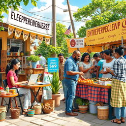 A vibrant scene depicting entrepreneurship in action by an individual and a community