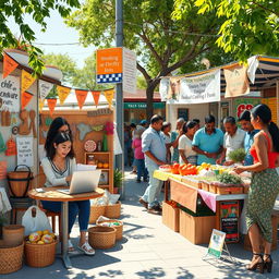 A vibrant scene depicting entrepreneurship in action by an individual and a community