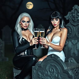 A very beautiful, attractive, curvy shapely young woman with striking white and black hair, dressed in a very tight low-cut black latex catsuit