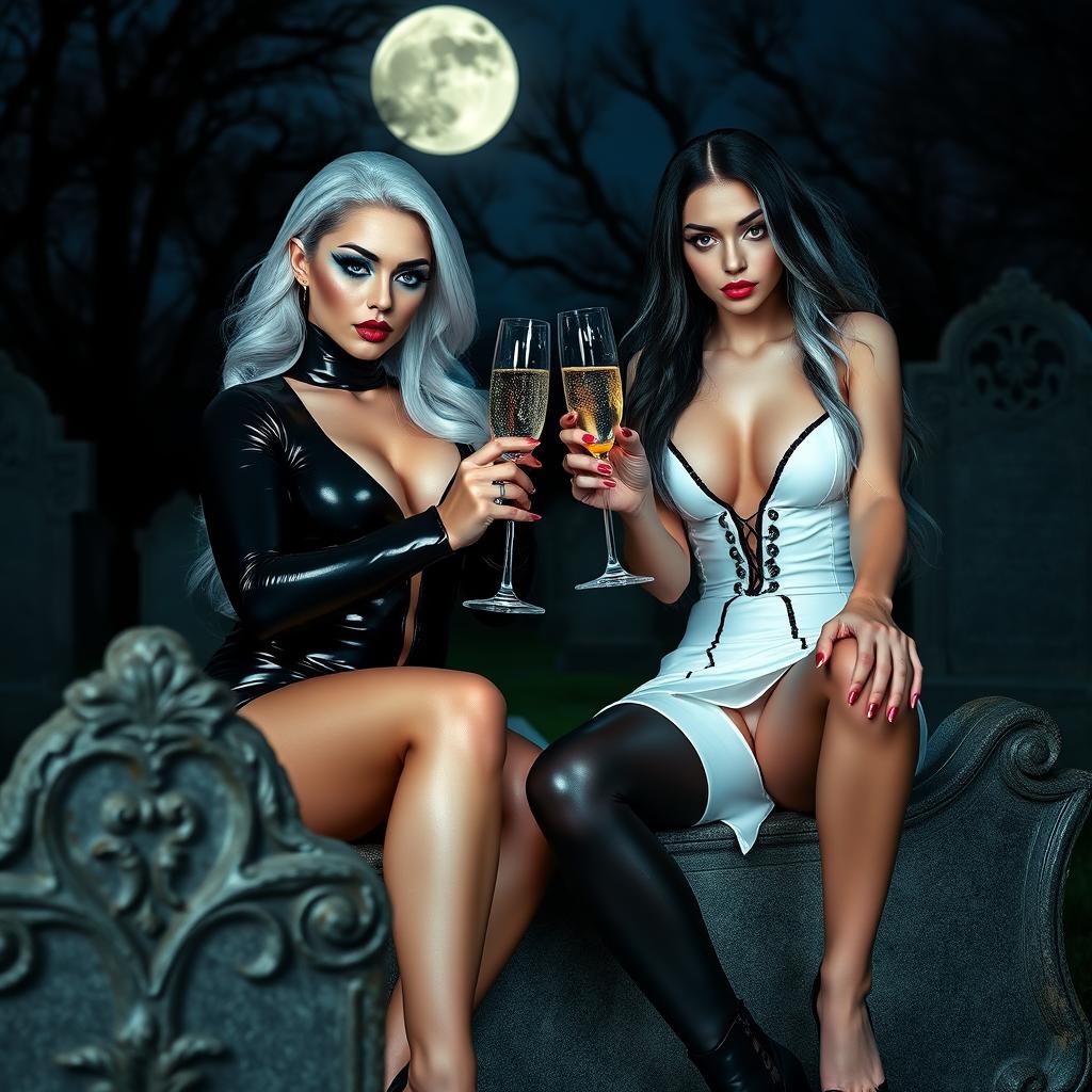 A very beautiful, attractive, curvy shapely young woman with striking white and black hair, dressed in a very tight low-cut black latex catsuit