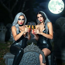 A very beautiful, attractive, curvy shapely young woman with striking white and black hair, dressed in a very tight low-cut black latex catsuit