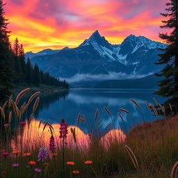 A serene and captivating view of a tranquil mountain landscape at sunset, featuring a peaceful lake reflecting the vibrant colors of the sky with hues of orange, pink, and purple