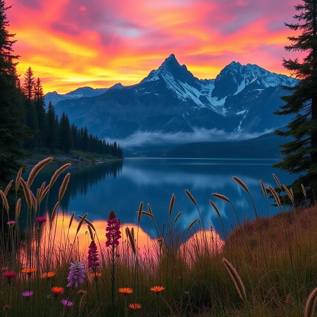 A serene and captivating view of a tranquil mountain landscape at sunset, featuring a peaceful lake reflecting the vibrant colors of the sky with hues of orange, pink, and purple