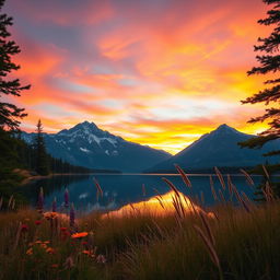 A serene and captivating view of a tranquil mountain landscape at sunset, featuring a peaceful lake reflecting the vibrant colors of the sky with hues of orange, pink, and purple