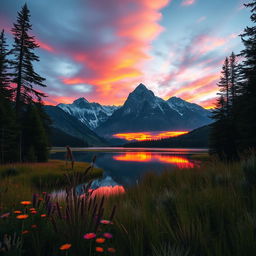 A serene and captivating view of a tranquil mountain landscape at sunset, featuring a peaceful lake reflecting the vibrant colors of the sky with hues of orange, pink, and purple
