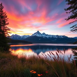 A serene and captivating view of a tranquil mountain landscape at sunset, featuring a peaceful lake reflecting the vibrant colors of the sky with hues of orange, pink, and purple