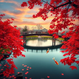 A serene and picturesque view of a peaceful Japanese garden during autumn, featuring vibrant red and orange maple leaves falling around a tranquil koi pond
