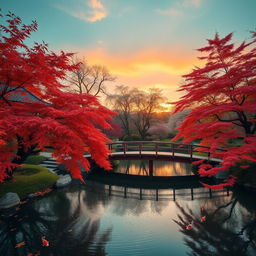 A serene and picturesque view of a peaceful Japanese garden during autumn, featuring vibrant red and orange maple leaves falling around a tranquil koi pond
