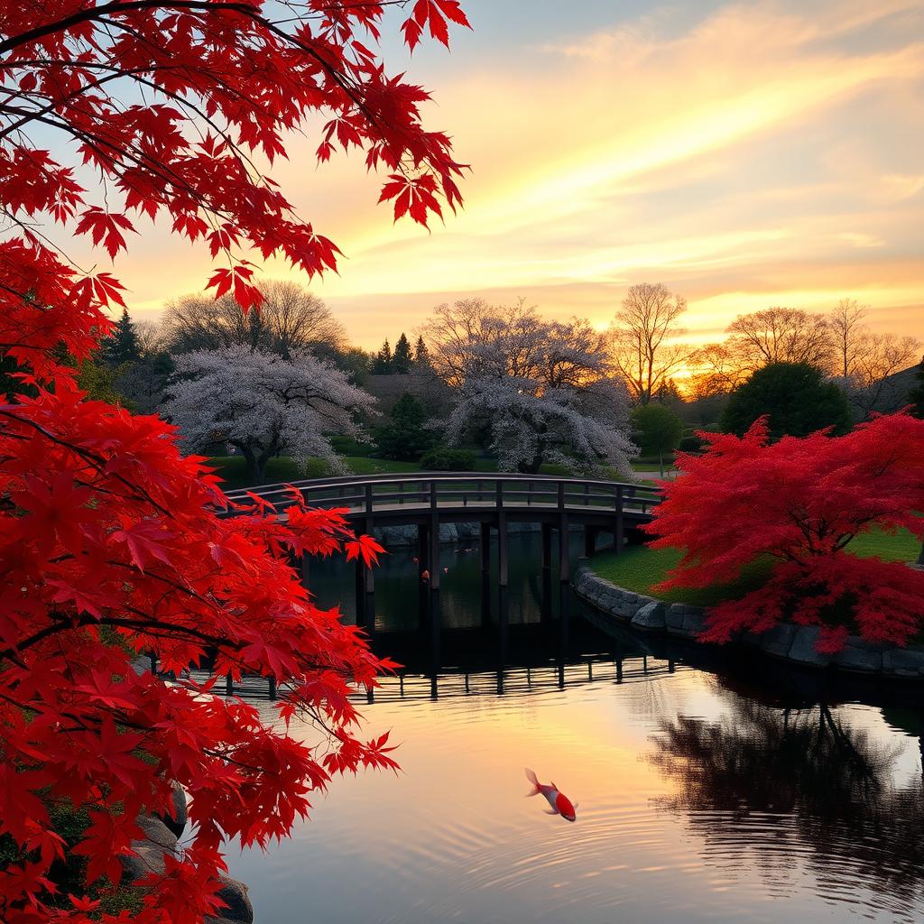 A serene and picturesque view of a peaceful Japanese garden during autumn, featuring vibrant red and orange maple leaves falling around a tranquil koi pond