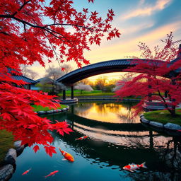 A serene and picturesque view of a peaceful Japanese garden during autumn, featuring vibrant red and orange maple leaves falling around a tranquil koi pond