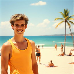 A vibrant scene of a young man standing on a sunny beach, wearing casual summer attire such as a bright tank top and shorts