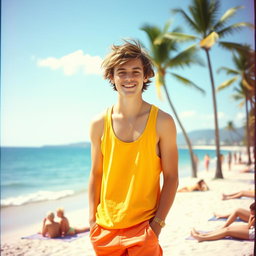 A vibrant scene of a young man standing on a sunny beach, wearing casual summer attire such as a bright tank top and shorts