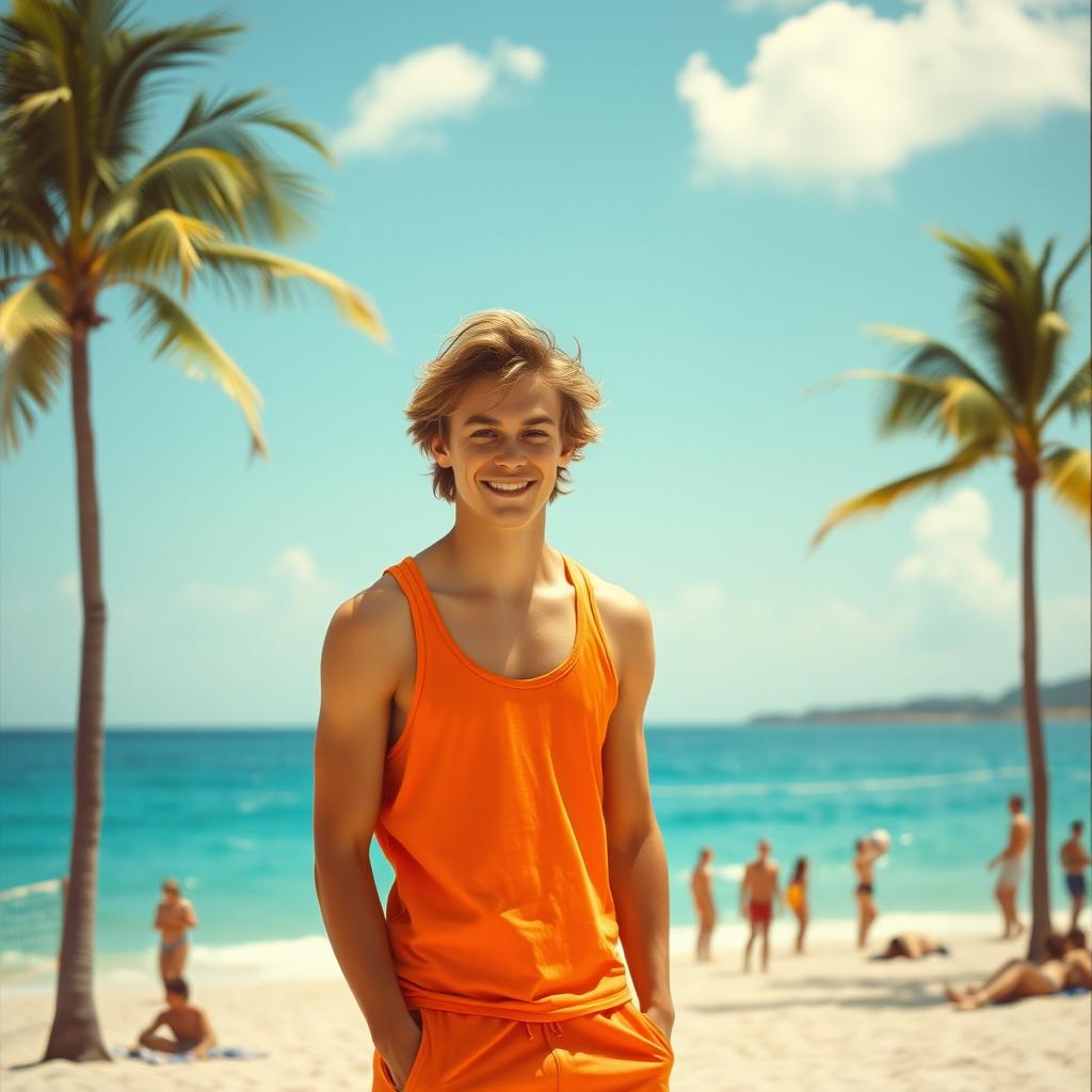 A vibrant scene of a young man standing on a sunny beach, wearing casual summer attire such as a bright tank top and shorts