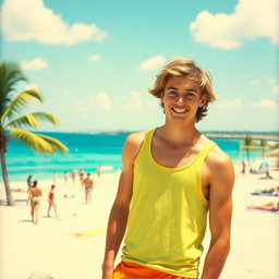 A vibrant scene of a young man standing on a sunny beach, wearing casual summer attire such as a bright tank top and shorts