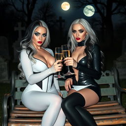 A very beautiful, attractive, curvy shapely young woman with striking white and black hair, dressed in a very tight low-cut black latex catsuit, featuring frosted blue eye shadow, thick black eyeliner, long black eyelashes, and bright pink lipstick, wearing a serious expression