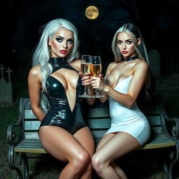 A very beautiful, attractive, curvy shapely young woman with striking white and black hair, dressed in a very tight low-cut black latex catsuit, featuring frosted blue eye shadow, thick black eyeliner, long black eyelashes, and bright pink lipstick, wearing a serious expression