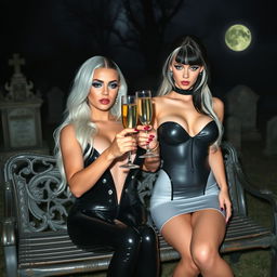 A very beautiful, attractive, curvy shapely young woman with striking white and black hair, dressed in a very tight low-cut black latex catsuit, featuring frosted blue eye shadow, thick black eyeliner, long black eyelashes, and bright pink lipstick, wearing a serious expression