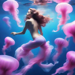 A stunning underwater scene featuring a graceful mermaid swimming amongst a host of electric pink jellyfish elegantly drifting in the ethereal blue depths.