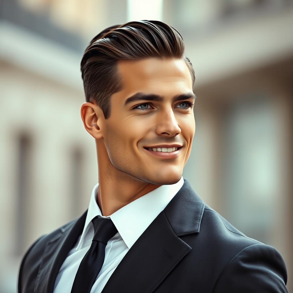 A very handsome male model with chiseled features and a confident expression, styled with sleek hair and a strong jawline