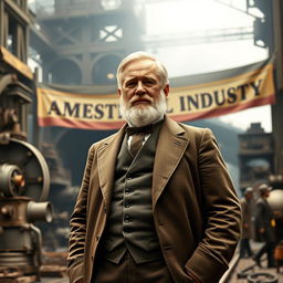 An inspiring scene depicting Andrew Carnegie during the 18th and 19th centuries, standing confidently in front of a vast steel mill, showcasing the marvel of industrial progress