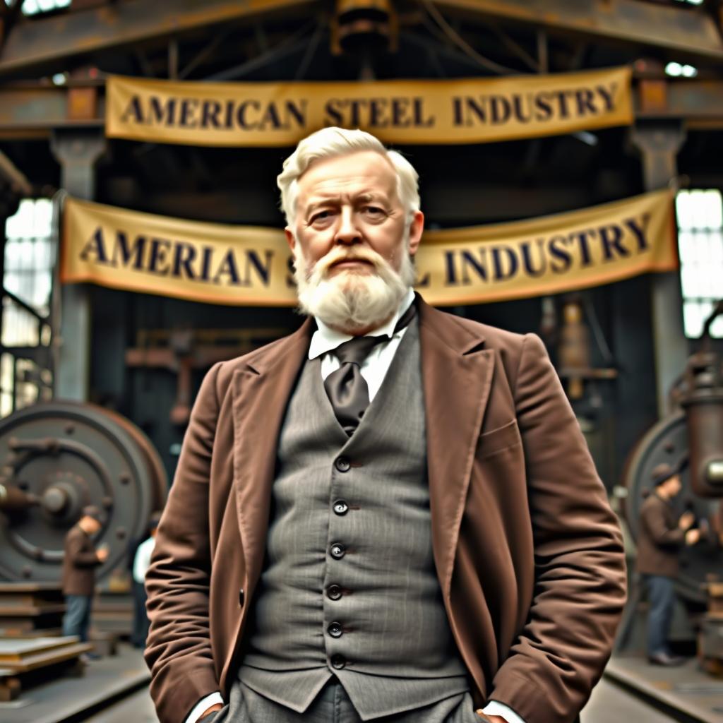 An inspiring scene depicting Andrew Carnegie during the 18th and 19th centuries, standing confidently in front of a vast steel mill, showcasing the marvel of industrial progress