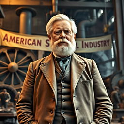 An inspiring scene depicting Andrew Carnegie during the 18th and 19th centuries, standing confidently in front of a vast steel mill, showcasing the marvel of industrial progress