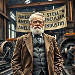 An inspiring scene depicting Andrew Carnegie during the 18th and 19th centuries, standing confidently in front of a vast steel mill, showcasing the marvel of industrial progress