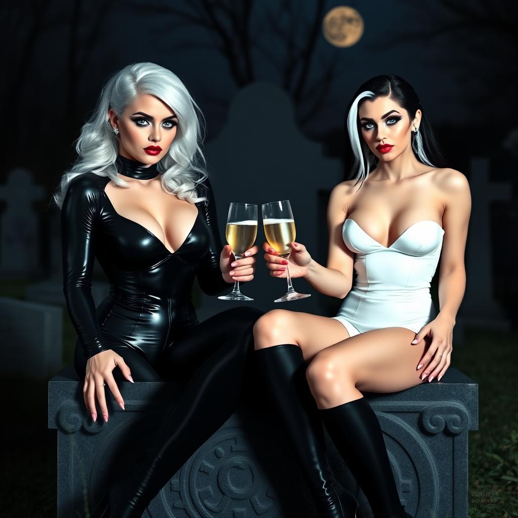A very beautiful, attractive, curvy shapely young woman with striking white and black hair, dressed in a very tight low-cut black latex catsuit