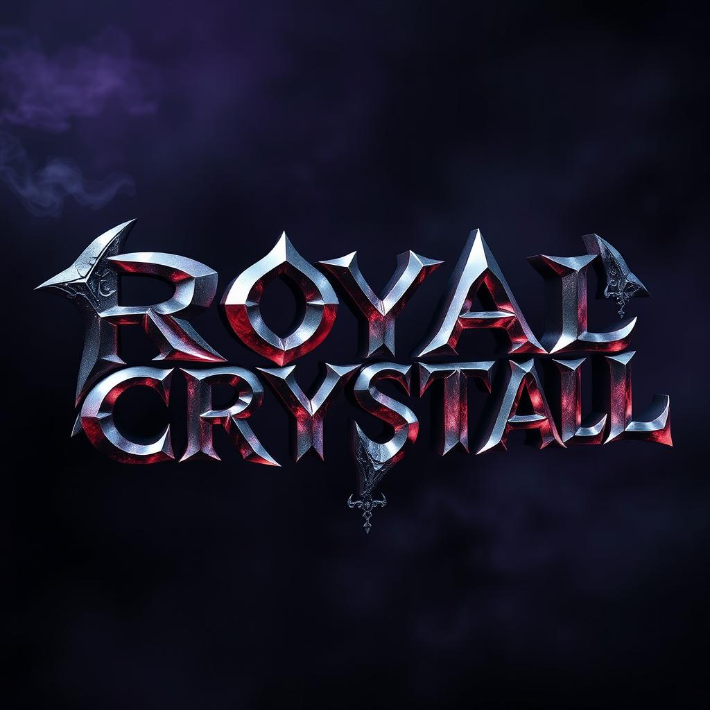 A striking 3D depiction of the words 'ROYAL CRYSTAL' styled in a demonic aesthetic, featuring sharp, jagged edges and dark, rich colors