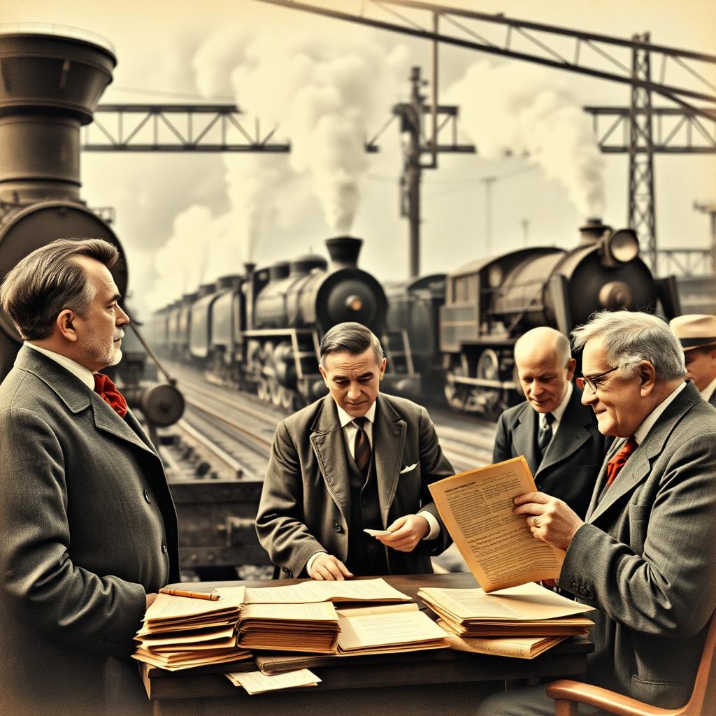 A historical scene depicting the influence of entrepreneurs in the middle of the 20th century, featuring Edward Harriman overseeing a railroad operation with vintage steam trains in the background, illustrating the modernization of rail transport