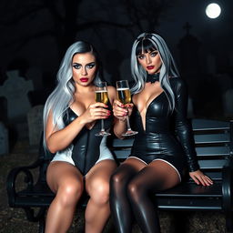 A very beautiful, attractive, curvy shapely young woman with striking white and black hair, dressed in a very tight low-cut black latex catsuit
