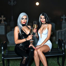 A very beautiful, attractive, curvy shapely young woman with striking white and black hair, dressed in a very tight low-cut black latex catsuit