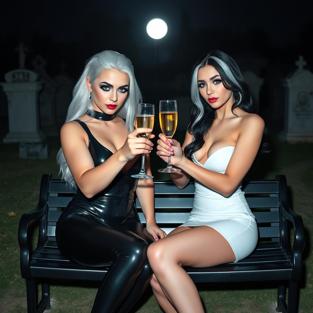 A very beautiful, attractive, curvy shapely young woman with striking white and black hair, dressed in a very tight low-cut black latex catsuit