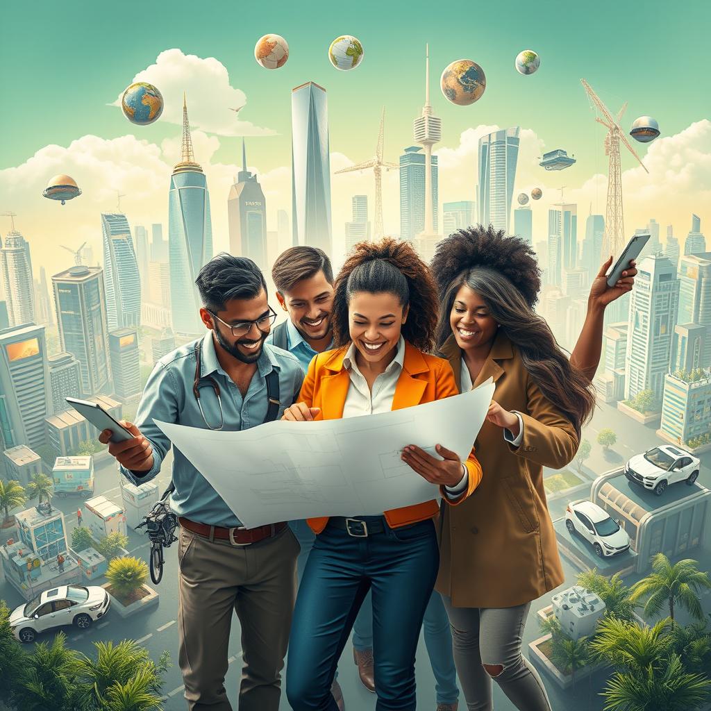 A dynamic and inspiring scene depicting a diverse group of 21st-century entrepreneurs as modern heroes, showcasing their innovative spirit in a vibrant urban environment