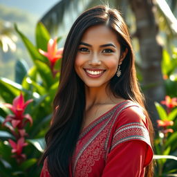 A stunningly attractive Indonesian woman with a captivating smile, wearing traditional attire that beautifully complements her figure