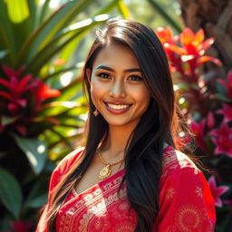 A stunningly attractive Indonesian woman with a captivating smile, wearing traditional attire that beautifully complements her figure