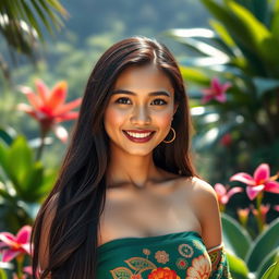 A stunningly attractive Indonesian woman with a captivating smile, wearing traditional attire that beautifully complements her figure