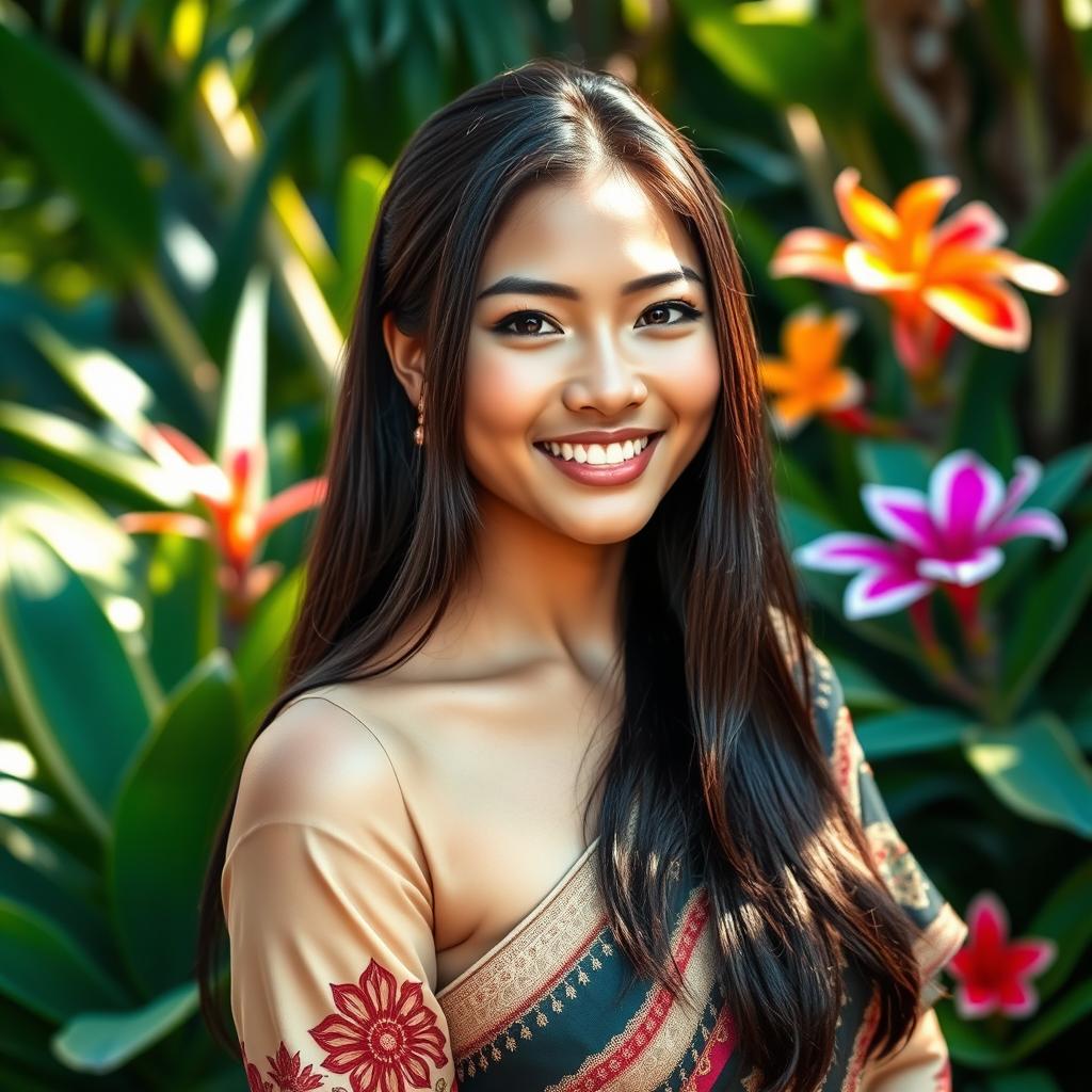 A stunningly attractive Indonesian woman with a captivating smile, wearing traditional attire that beautifully complements her figure