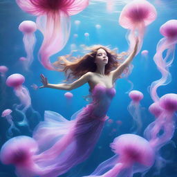 A stunning underwater scene featuring a graceful mermaid swimming amongst a host of electric pink jellyfish elegantly drifting in the ethereal blue depths.