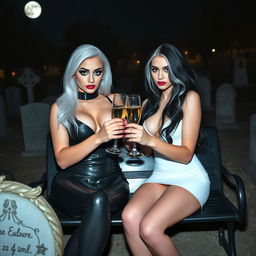 A very beautiful, attractive, curvy shapely young woman with striking white and black hair, dressed in a very tight low-cut black latex catsuit adorned with frosted blue eye shadow, thick black eyeliner, long black eyelashes, and bright pink lipstick, displaying a serious expression on her face